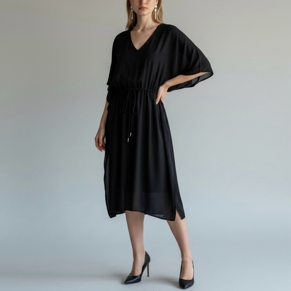 Calvin Klein Size 10 Black Batwing Drawstring Waist Dress Stretch Day to Night